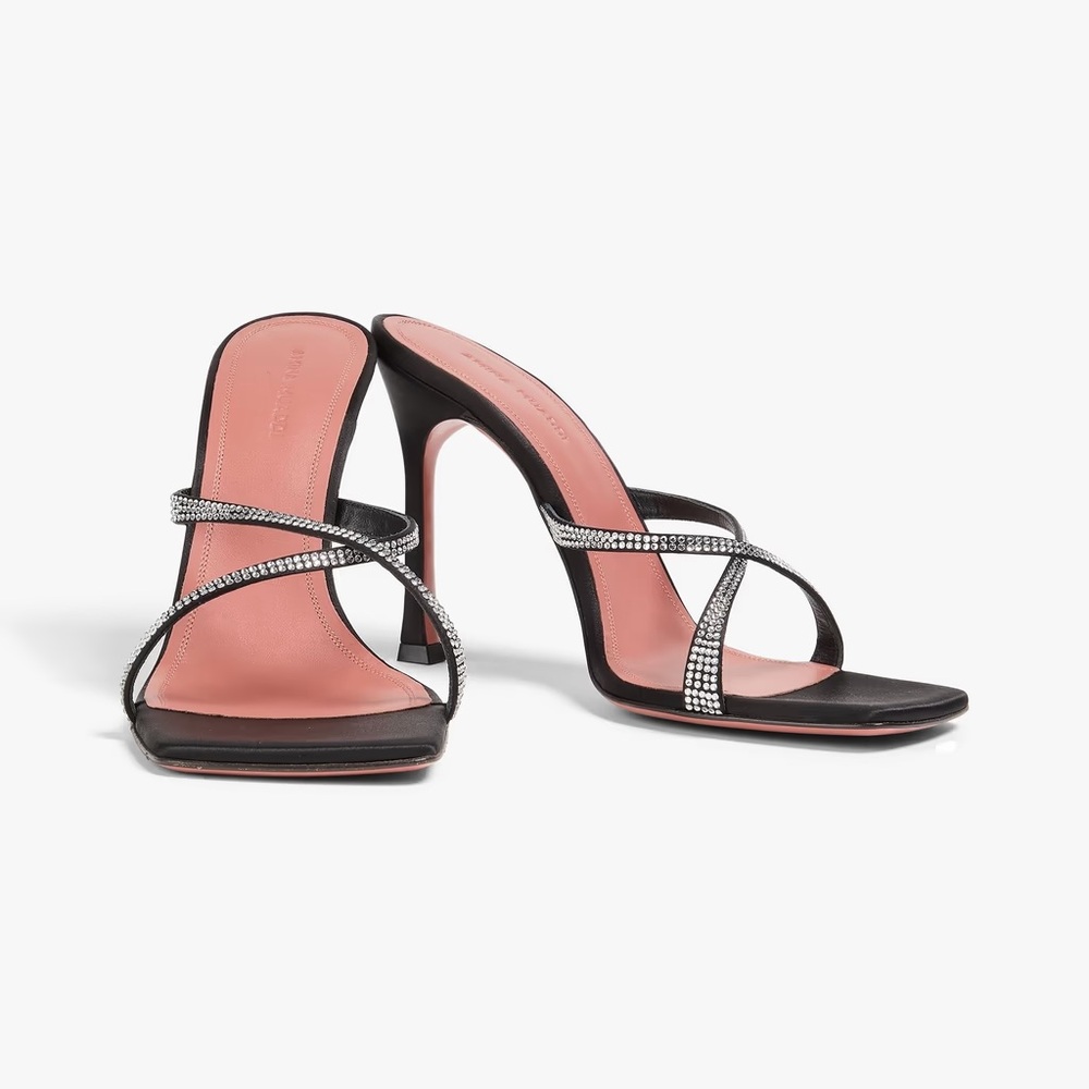 NEW Amina Muaddi Adriana Crystal Slide Sandal in Satin Black